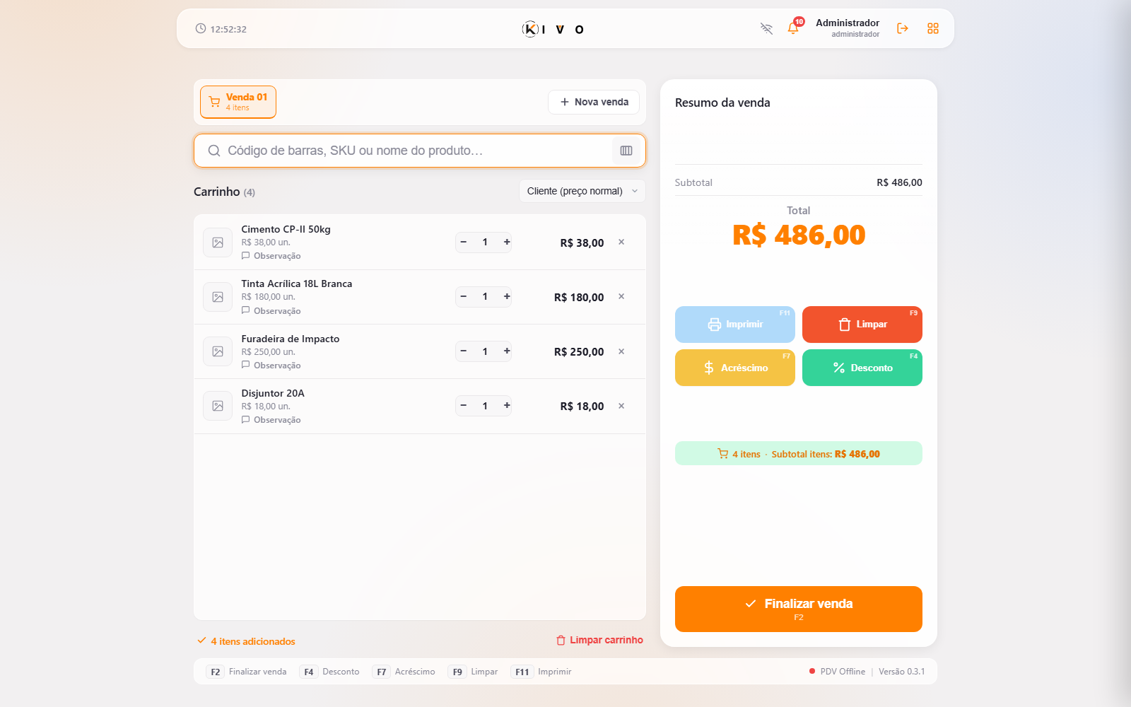 PDV do Kivo com carrinho de venda montado