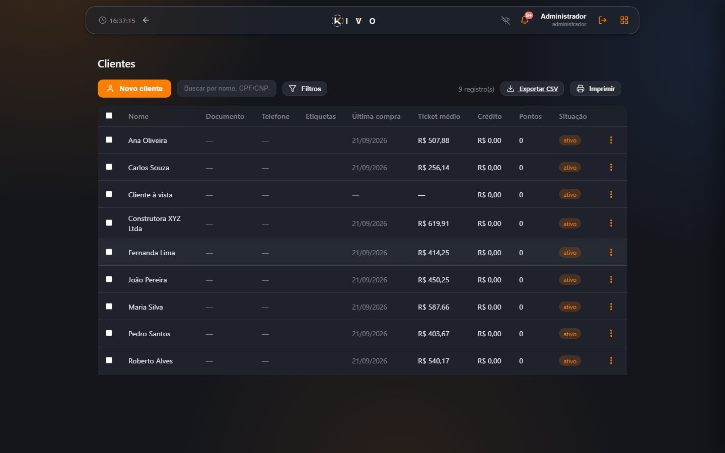 Clientes — cadastro, contato e histórico de compras.