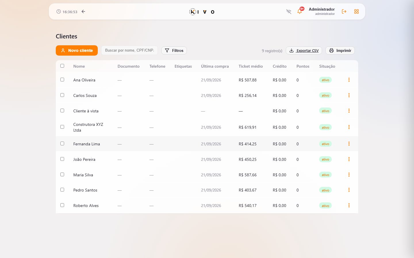 Clientes — cadastro, contato e histórico de compras.
