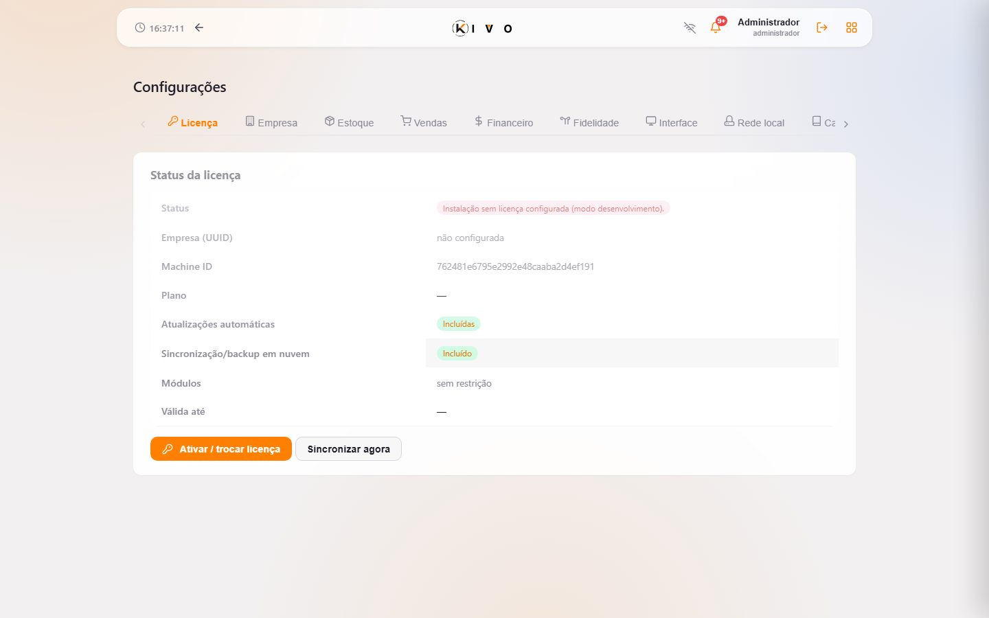 Configurações — empresa, recursos e preferências.