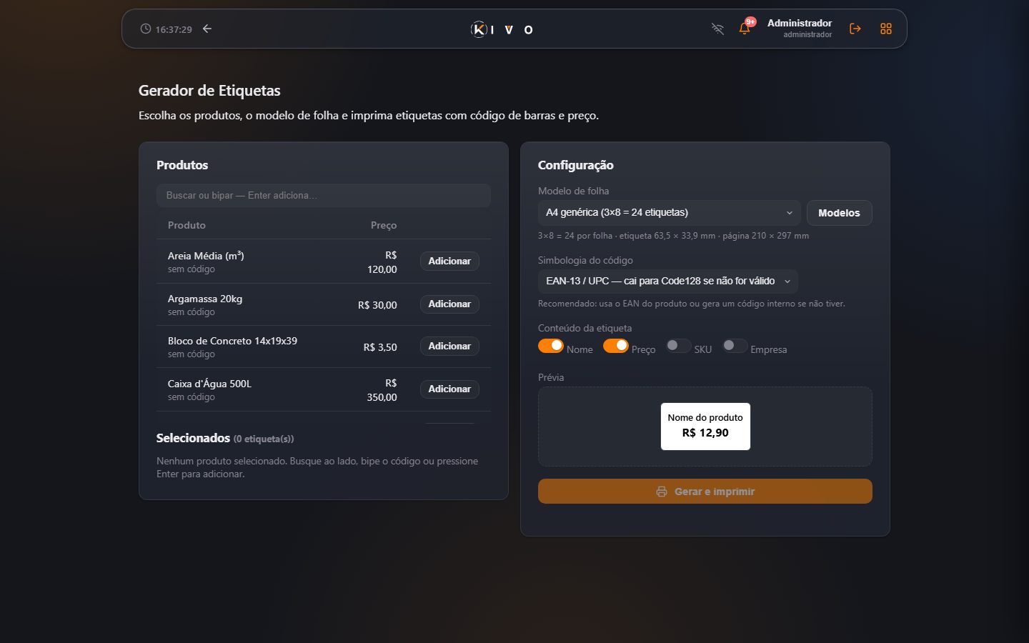 Gerador de etiquetas — produtos, código de barras e folha.