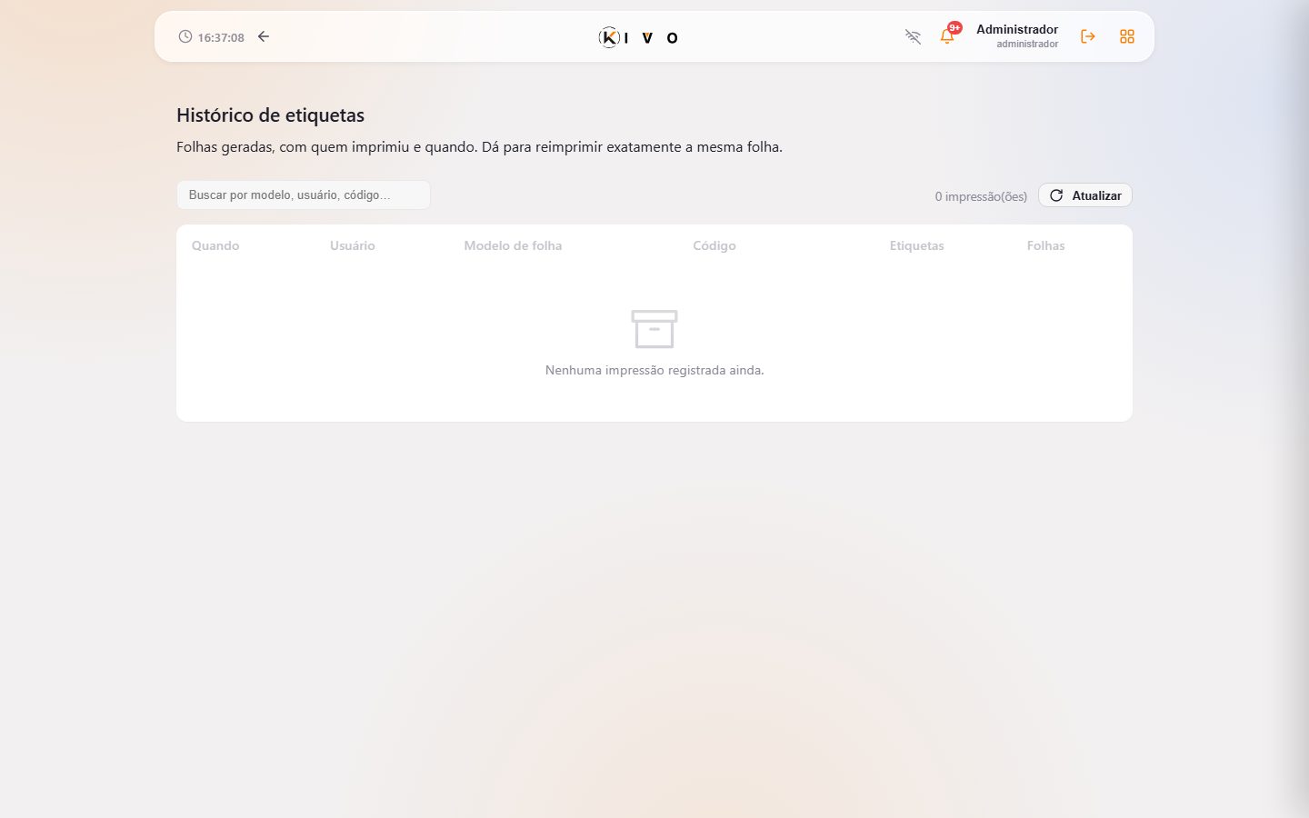 Histórico de etiquetas — reimpressão de folhas anteriores.
