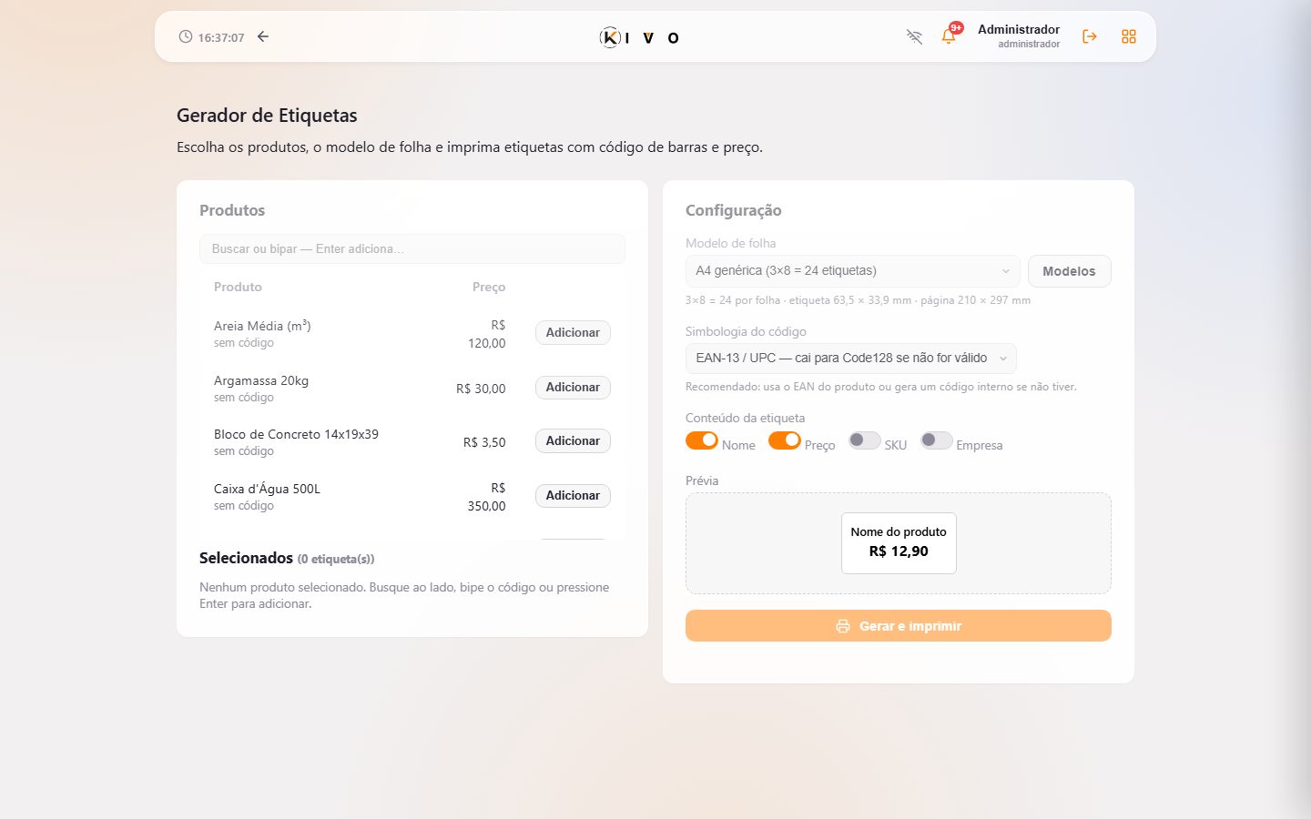 Gerador de etiquetas — produtos, código de barras e folha.
