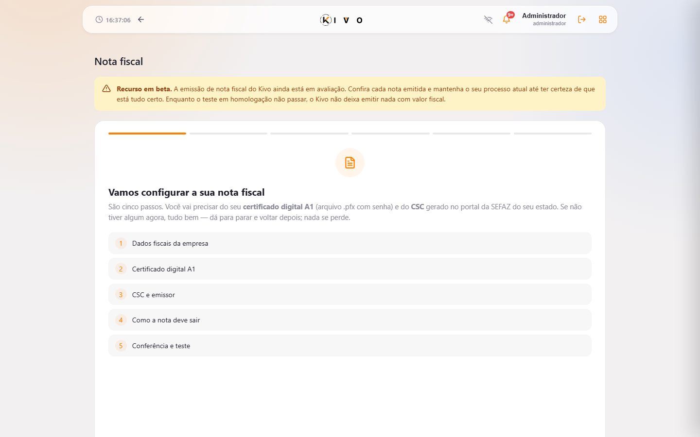 Configuração fiscal — empresa, certificado, CSC e prontidão.