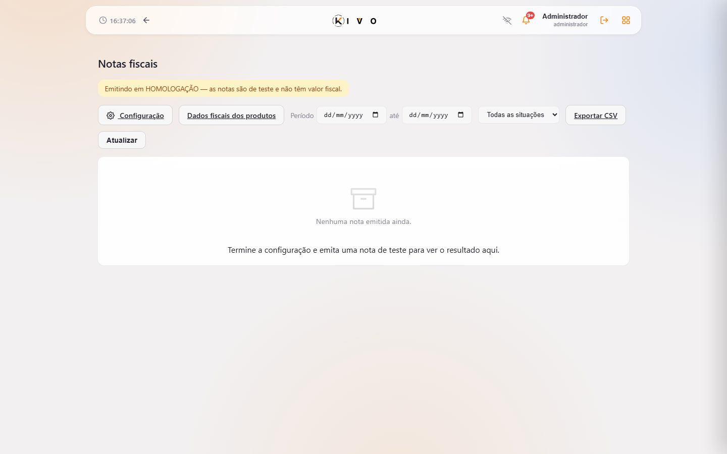 Notas fiscais — filtros por período/situação e exportação.