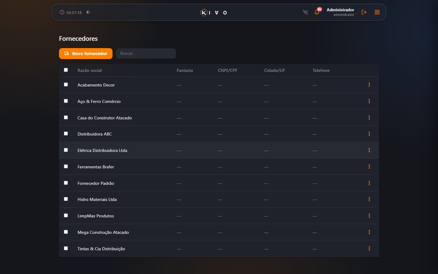 Fornecedores — origem das compras e custos.