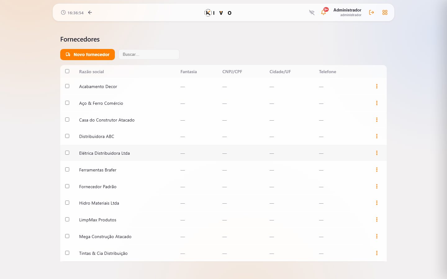 Fornecedores — origem das compras e custos.